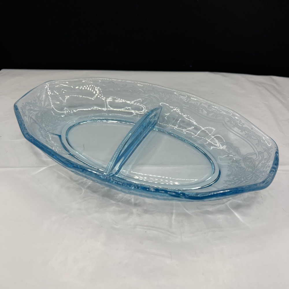 Vintage Fostoria June Azure Blue Etched Glass Divided Relish Dish Serving Tray